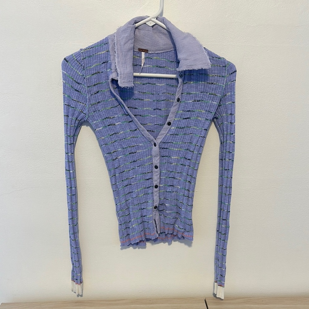 Free People Purple Striped Button-Up Cardigan